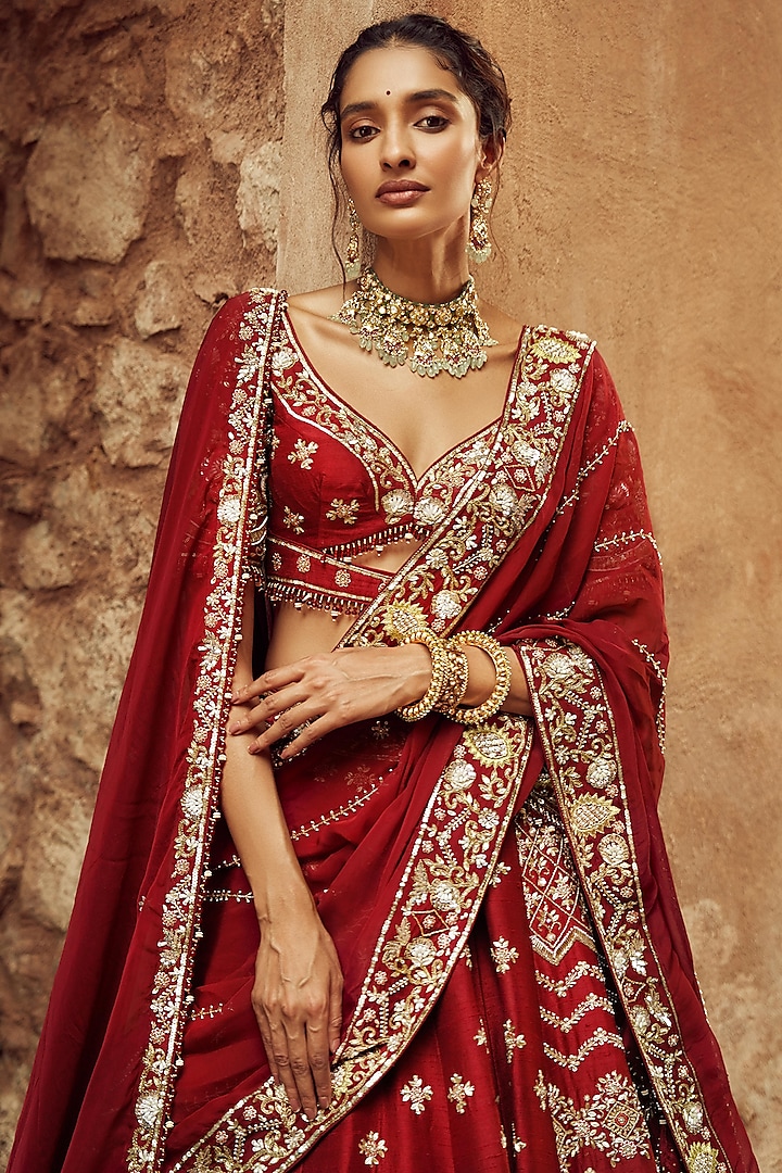 Deep Scarlet Silk & Organza Hand Embroidered Bridal Lehenga Set  by Annu Patel at Pernia's Pop Up Shop