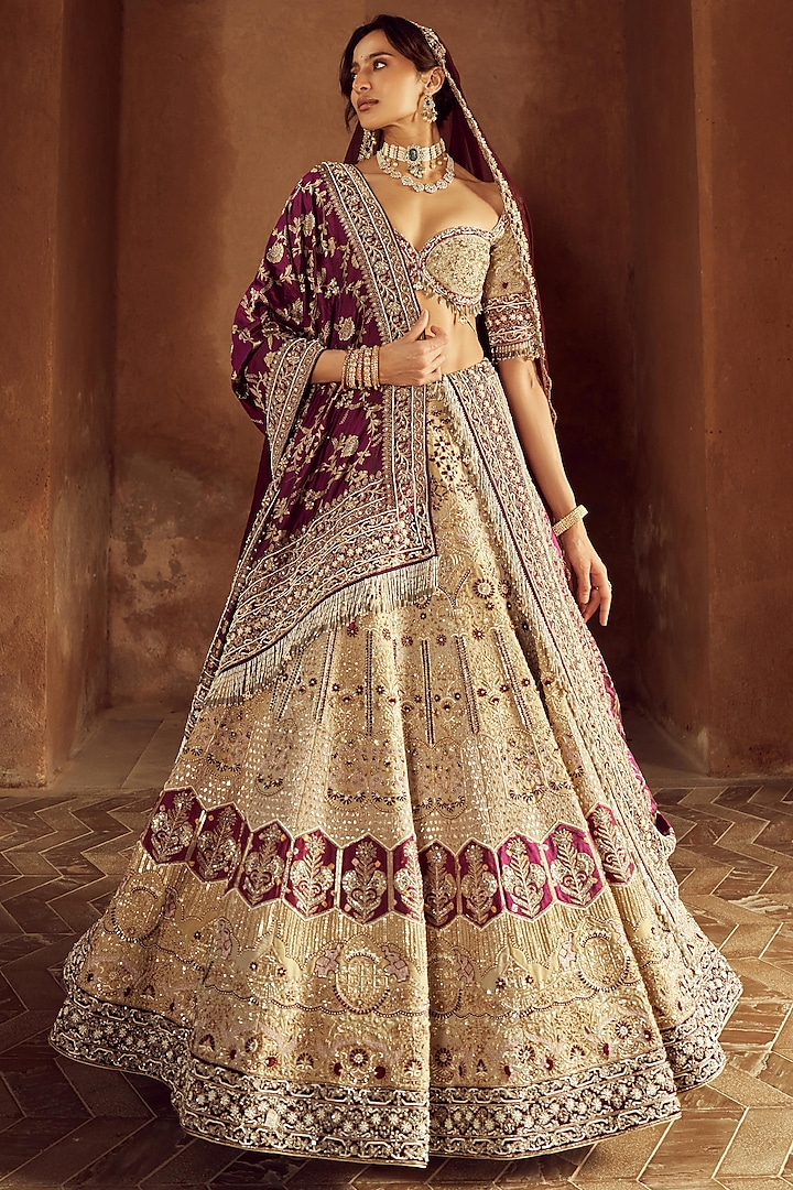 Beige & Purple Silk Hand Embroidered Bridal Lehenga Set  by ANNU'S CREATION at Pernia's Pop Up Shop