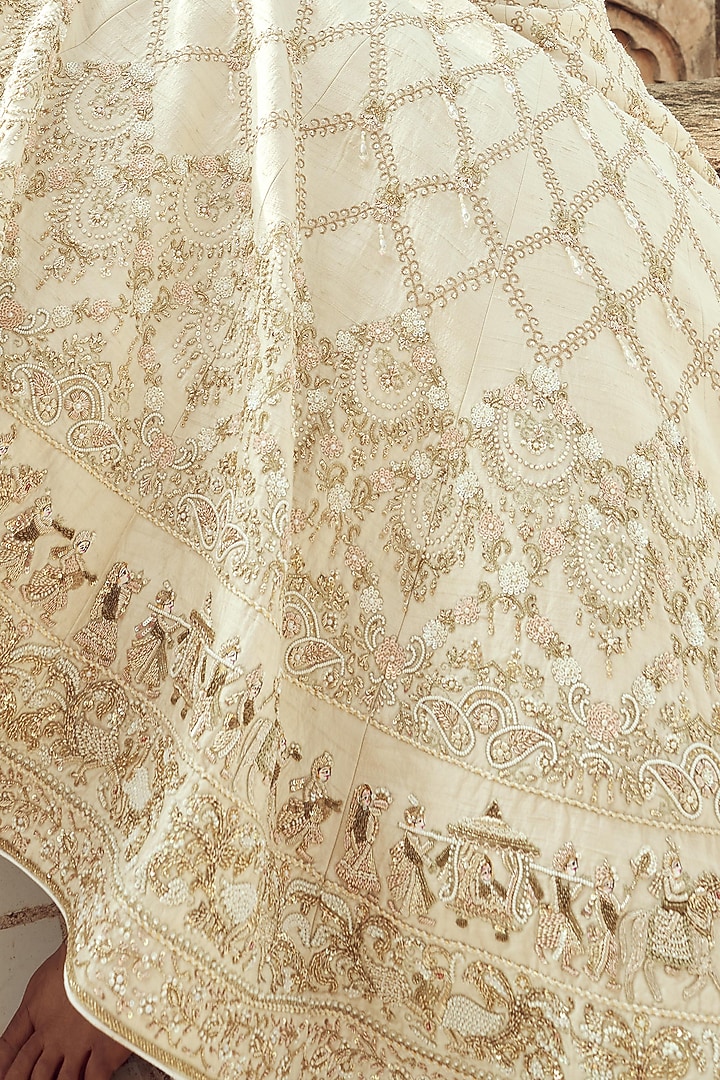 Ivory Silk & Organza Hand Embroidered Bridal Lehenga Set  by Annu Patel at Pernia's Pop Up Shop