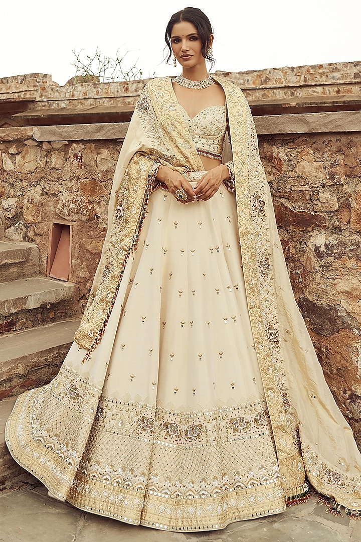 Ivory Silk & Organza Hand Embroidered Lehenga Set  by ANNU'S CREATION