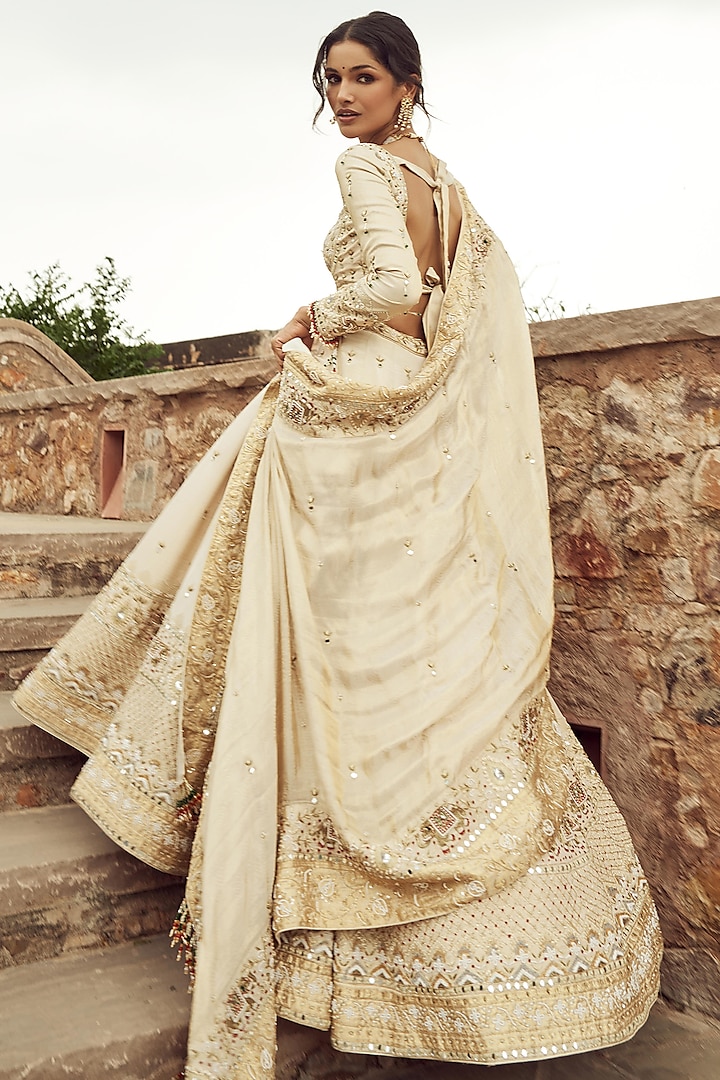 Ivory Silk & Organza Hand Embroidered Bridal Lehenga Set  by Annu Patel at Pernia's Pop Up Shop