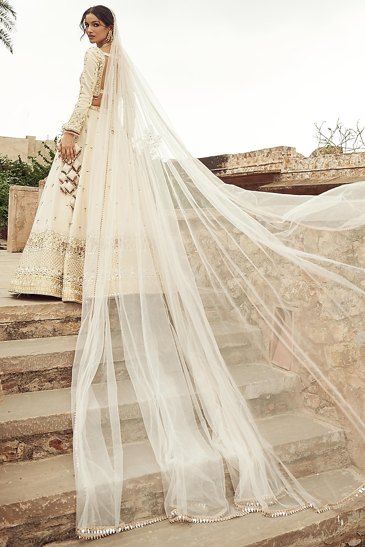 Ivory Silk & Organza Hand Embroidered Bridal Lehenga Set  by Annu Patel at Pernia's Pop Up Shop