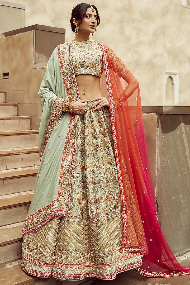 Mint Silk & Organza Hand Embroidered Lehenga Set  by ANNU'S CREATION