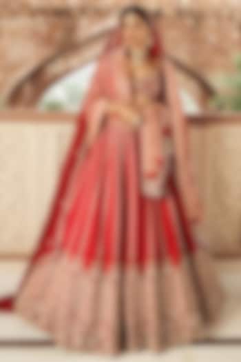 Red Silk & Organza Hand Embroidered Lehenga Set  by ANNU'S CREATION