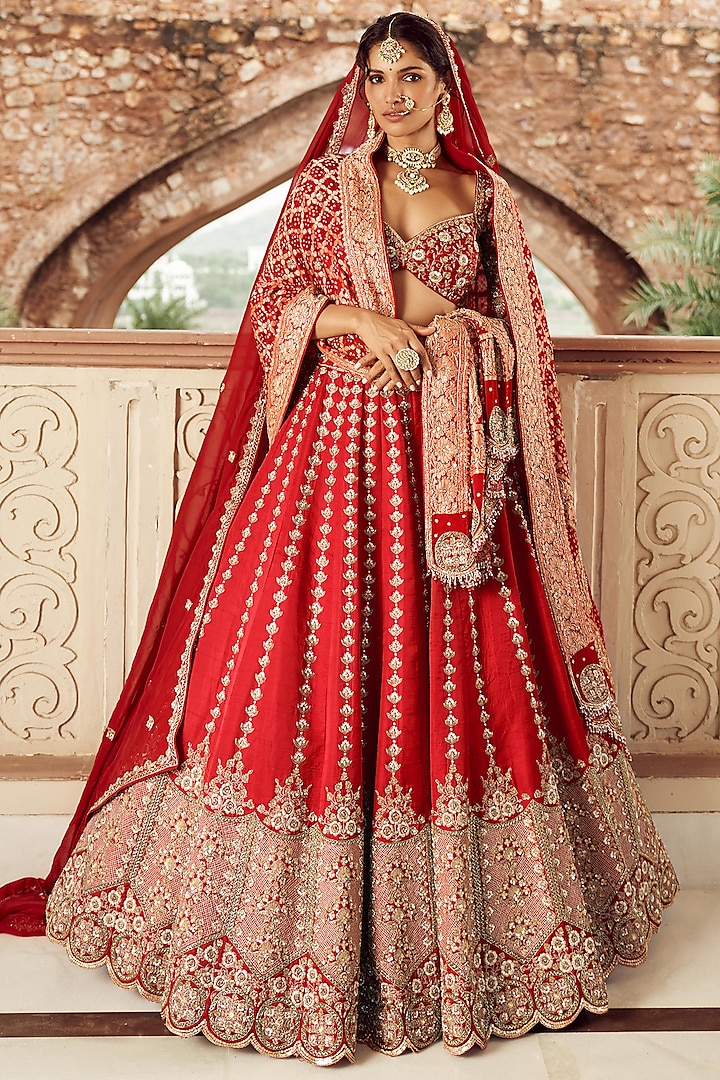 Red Silk & Organza Hand Embroidered Lehenga Set  by ANNU'S CREATION