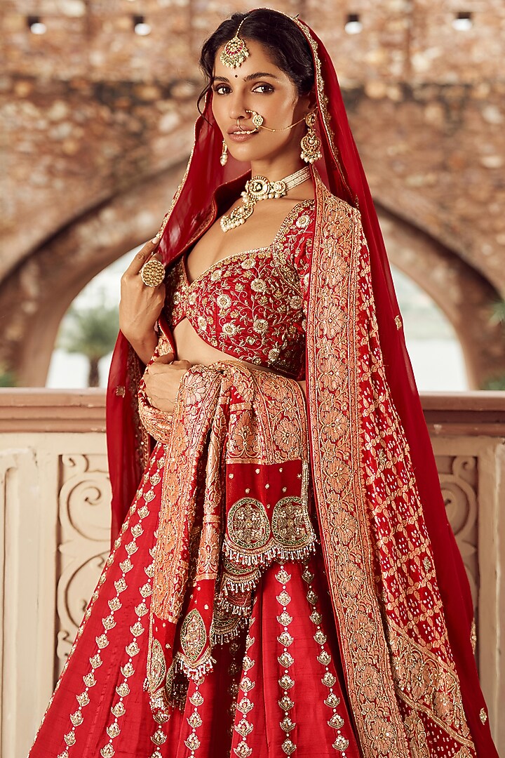 Red Silk & Organza Hand Embroidered Bridal Lehenga Set  by Annu Patel at Pernia's Pop Up Shop
