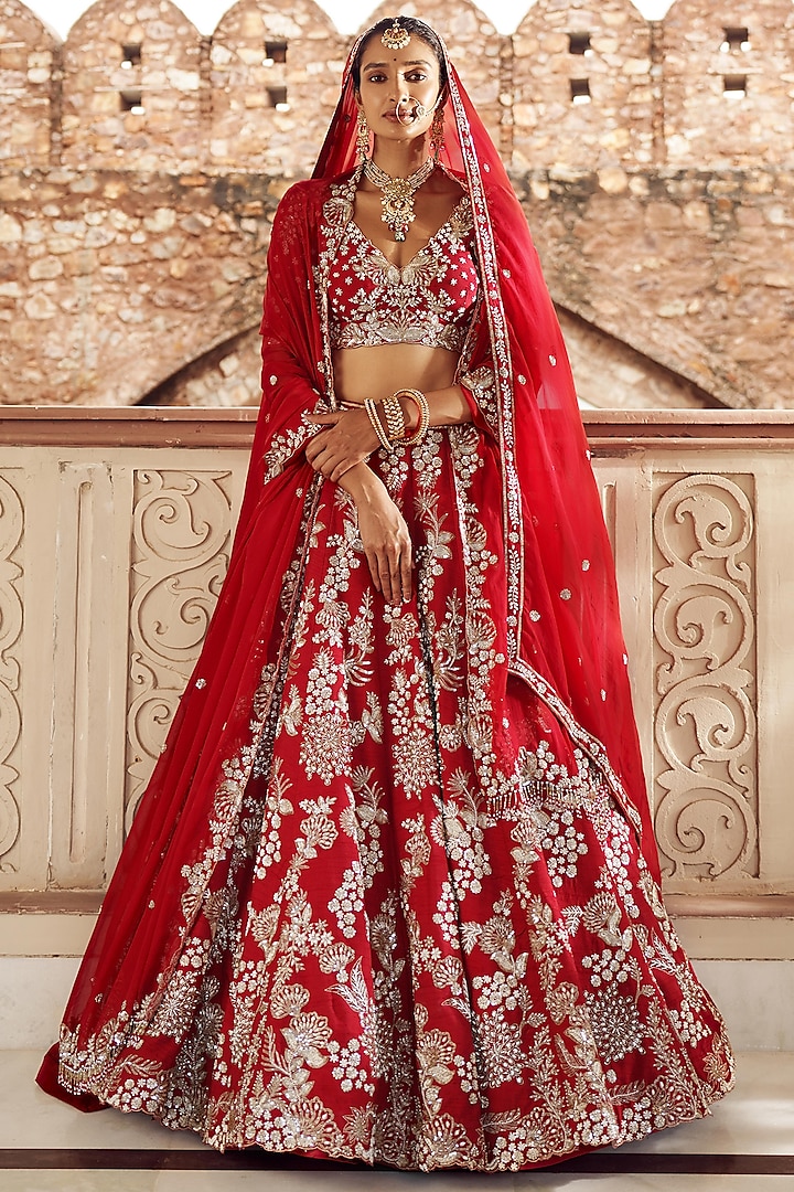 Maroon Silk & Organza Hand Embroidered Lehenga Set  by ANNU'S CREATION