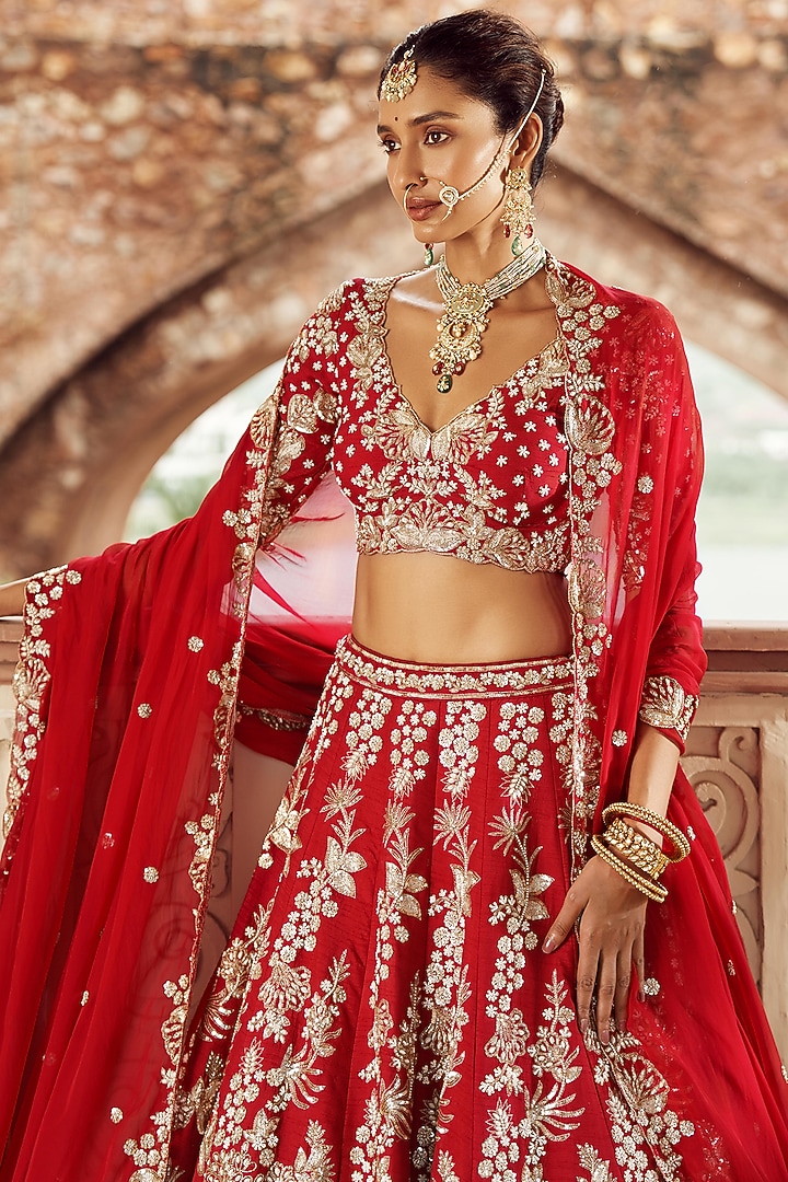 Maroon Silk & Organza Hand Embroidered Bridal Lehenga Set  by Annu Patel at Pernia's Pop Up Shop