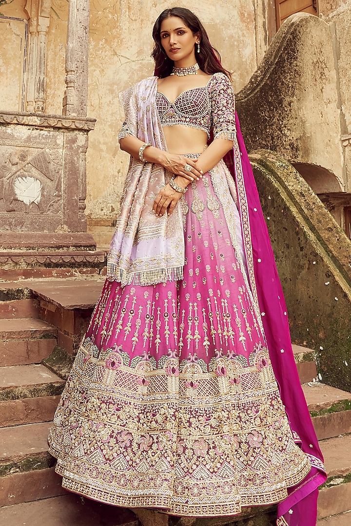 Magenta Silk & Organza Hand Embroidered Shaded Lehenga Set  by ANNU'S CREATION