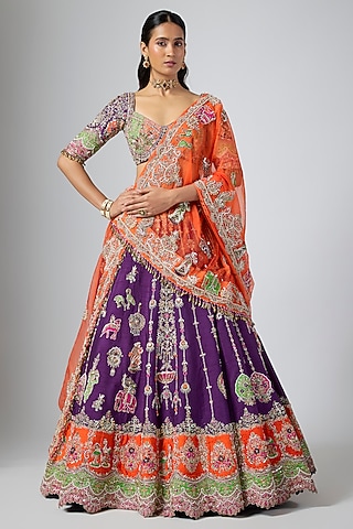 Purple Soft Silk Zardosi Embroidered Lehenga Set by Annu Patel