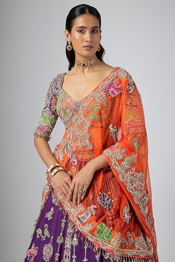 Purple Soft Silk Zardosi Embroidered Bridal Lehenga Set by Annu Patel at Pernia's Pop Up Shop