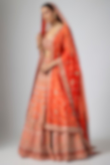Orange Dola Silk Zardosi Embroidered Bridal Lehenga Set by ANNU'S CREATION at Pernia's Pop Up Shop