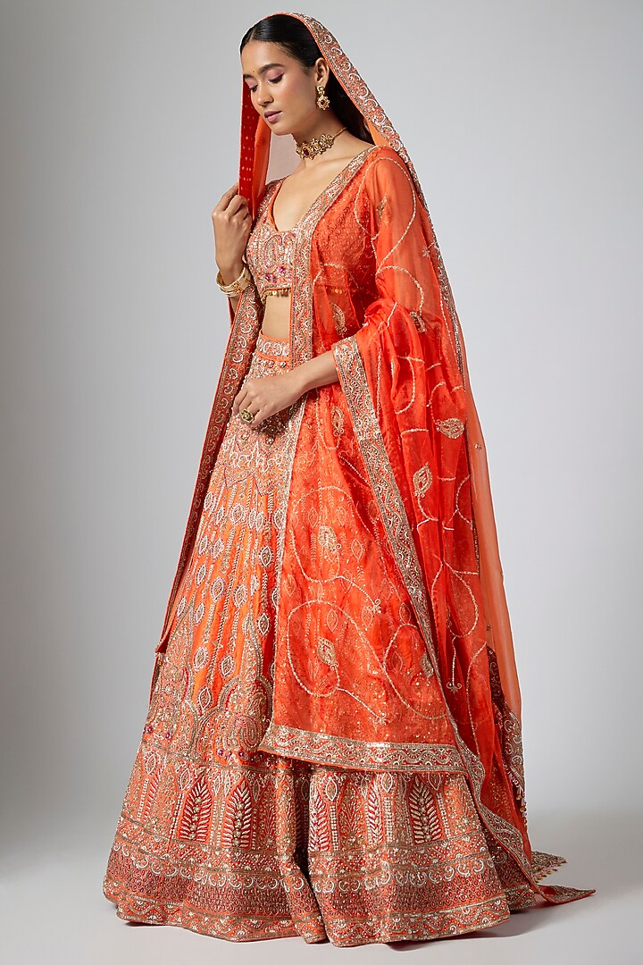 Orange Dola Silk Zardosi Embroidered Bridal Lehenga Set by ANNU'S CREATION at Pernia's Pop Up Shop