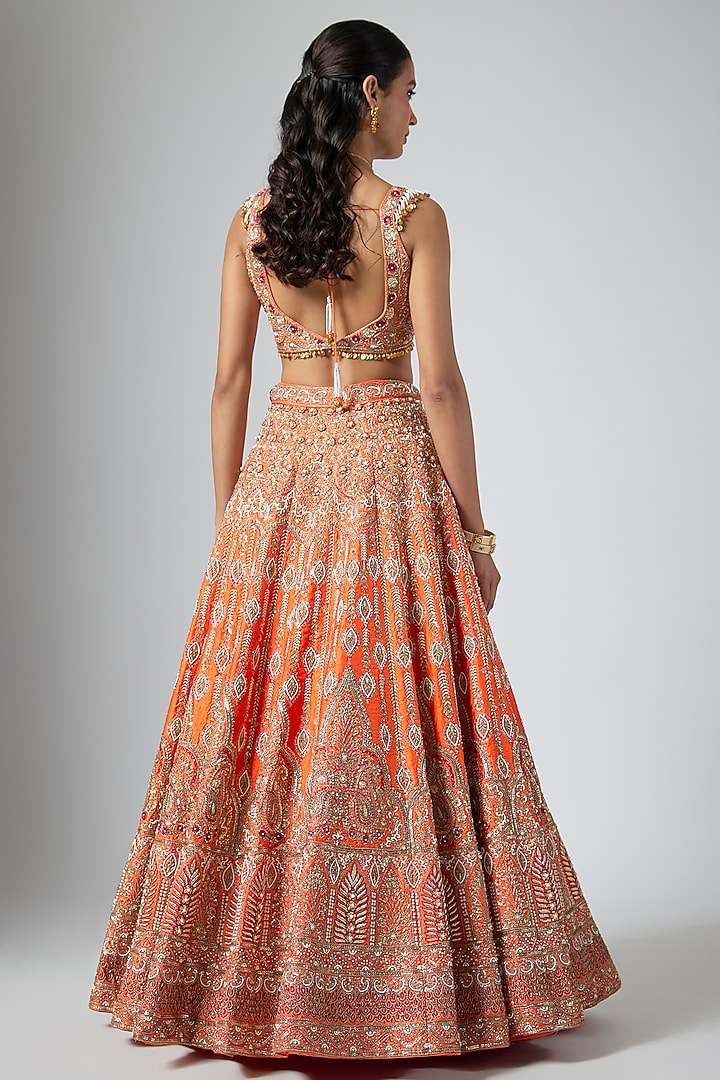 Orange Dola Silk Zardosi Embroidered Bridal Lehenga Set by Annu Patel at Pernia's Pop Up Shop