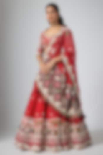 Red Raw Silk Zardosi Embroidered Bridal Lehenga Set by ANNU'S CREATION at Pernia's Pop Up Shop