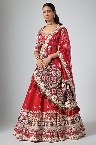 Red Raw Silk Zardosi Embroidered Lehenga Set by Annu Patel