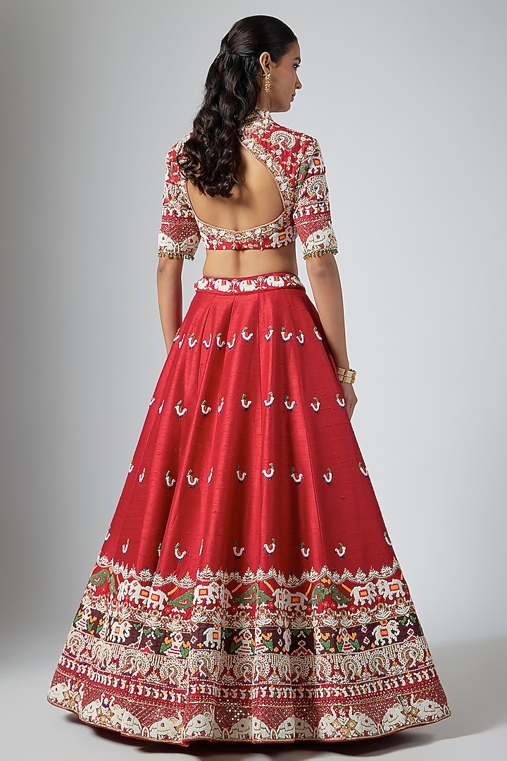 Red Raw Silk Zardosi Embroidered Bridal Lehenga Set by Annu Patel at Pernia's Pop Up Shop