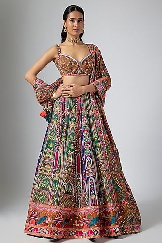 Multi-Colored Silk Zardosi Embroidered Lehenga Set by Annu Patel