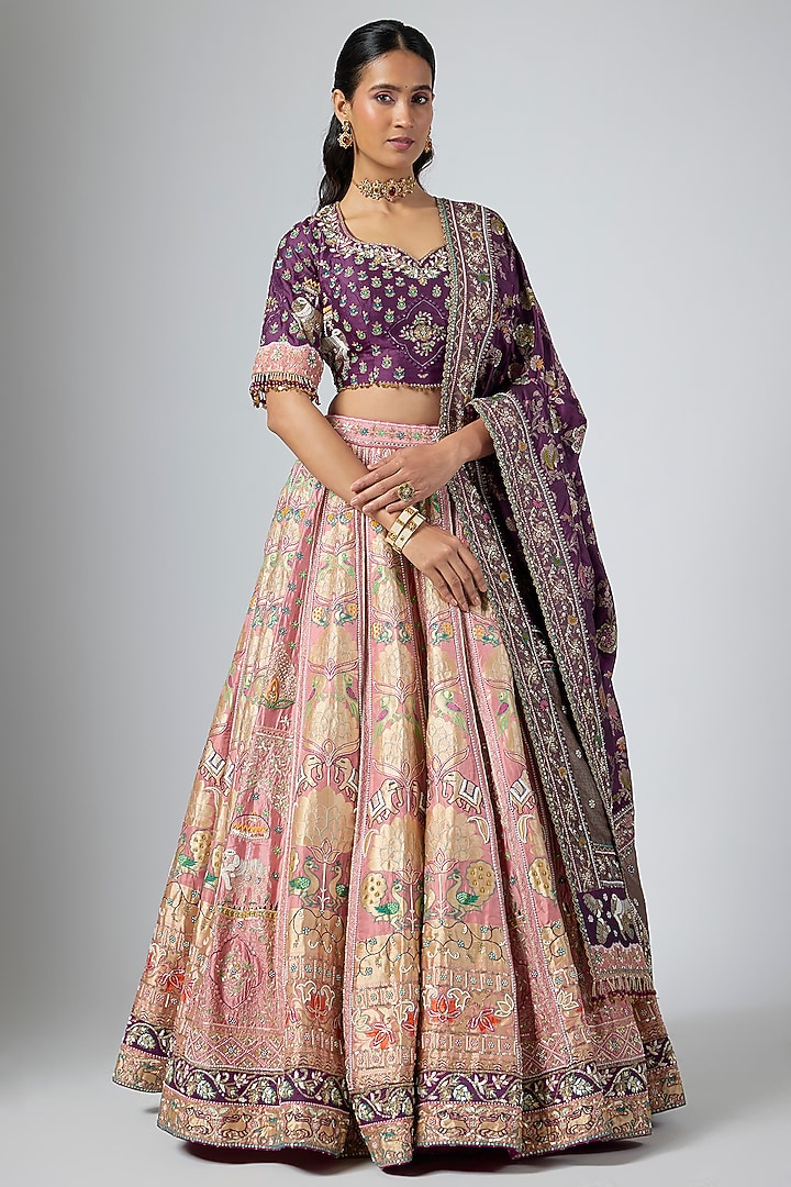 Peach Pure Banarasi Silk Zardosi Embroidered Bridal Lehenga Set by ANNU'S CREATION at Pernia's Pop Up Shop