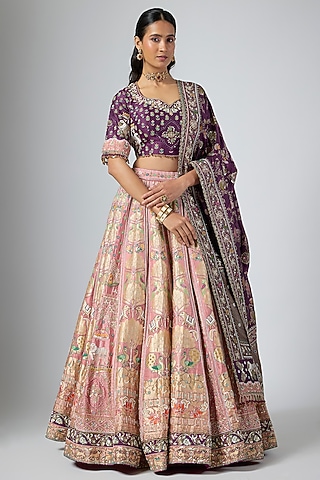 Peach Pure Banarasi Silk Zardosi Embroidered Lehenga Set by Annu Patel