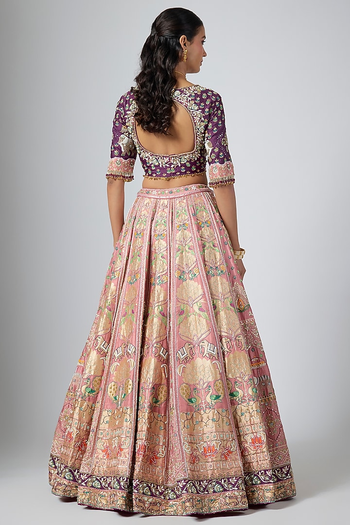 Peach Pure Banarasi Silk Zardosi Embroidered Bridal Lehenga Set by Annu Patel at Pernia's Pop Up Shop