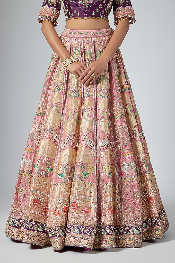 Peach Pure Banarasi Silk Zardosi Embroidered Bridal Lehenga Set by Annu Patel at Pernia's Pop Up Shop
