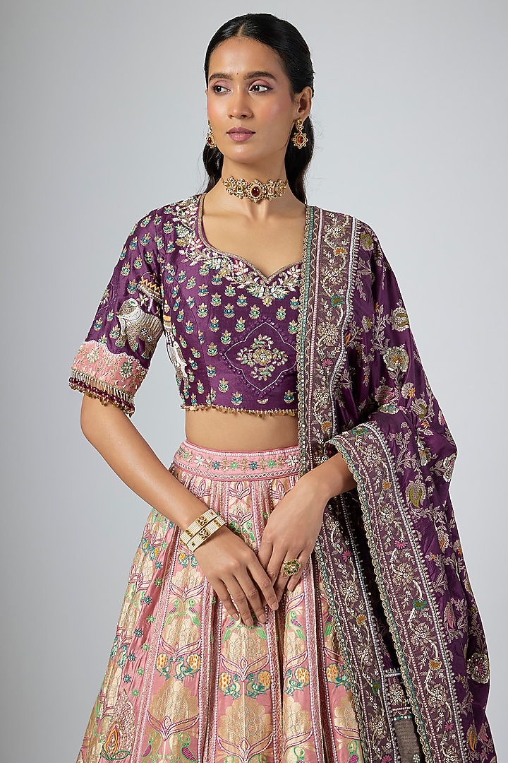Peach Pure Banarasi Silk Zardosi Embroidered Bridal Lehenga Set by Annu Patel at Pernia's Pop Up Shop