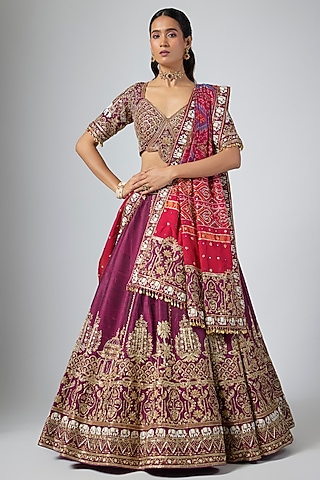 Jamuni-Colored Raw Silk Zardosi Embroidered Lehenga Set by Annu Patel