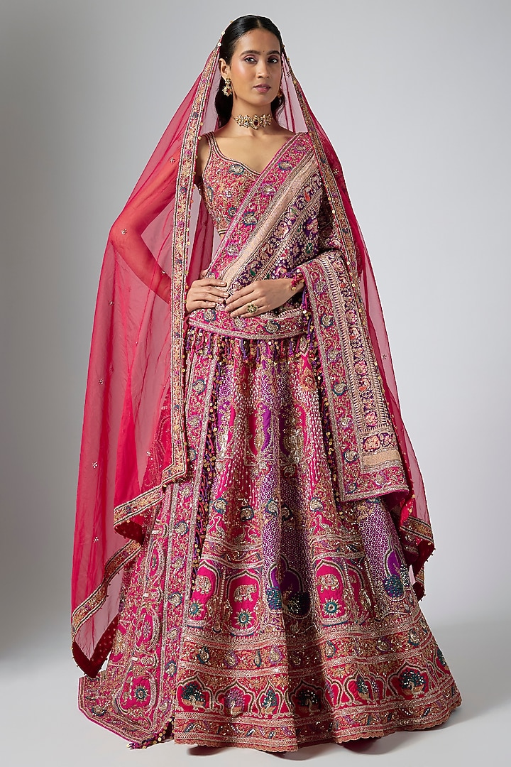 Pink & Purple Silk Zardosi Embroidered Bridal Lehenga Set by ANNU'S CREATION at Pernia's Pop Up Shop