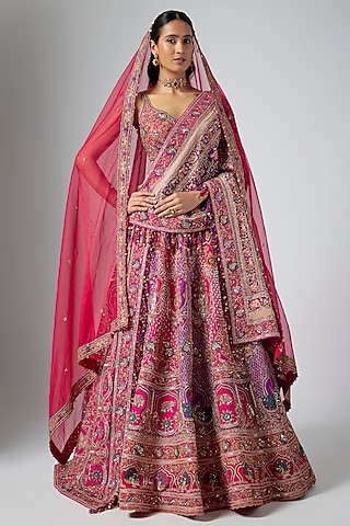 Pink & Purple Silk Zardosi Embroidered Lehenga Set by Annu Patel