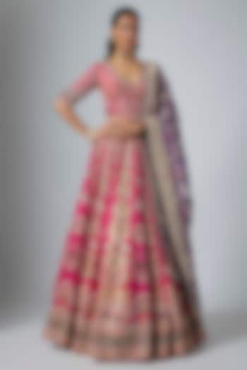 Pink & Purple Pure Banarasi Katan Silk Zardosi Embroidered Bridal Lehenga Set by ANNU'S CREATION at Pernia's Pop Up Shop