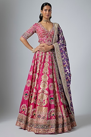 Pink & Purple Pure Banarasi Katan Silk Zardosi Embroidered Lehenga Set by Annu Patel