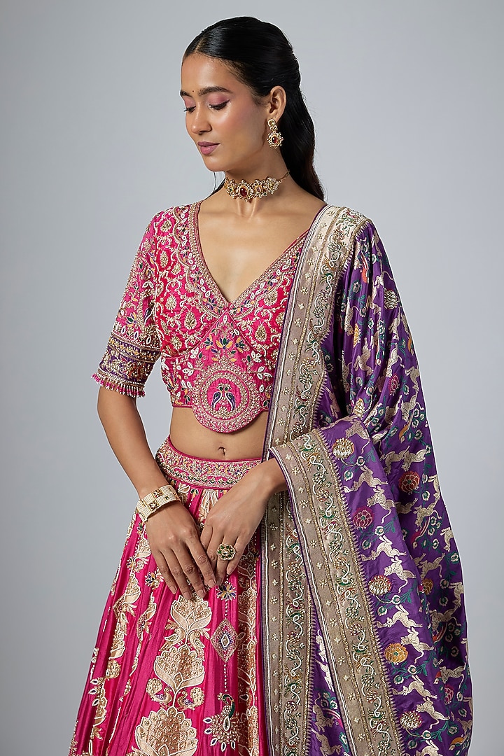 Pink & Purple Pure Banarasi Katan Silk Zardosi Embroidered Bridal Lehenga Set by Annu Patel at Pernia's Pop Up Shop
