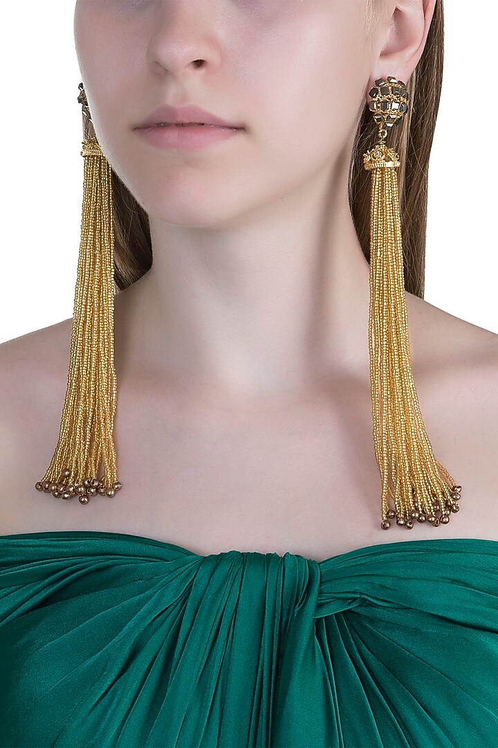 Gold Plated Cubic Zirconia & Beads Tassels Earrings by Anaqa at Pernia's Pop Up Shop