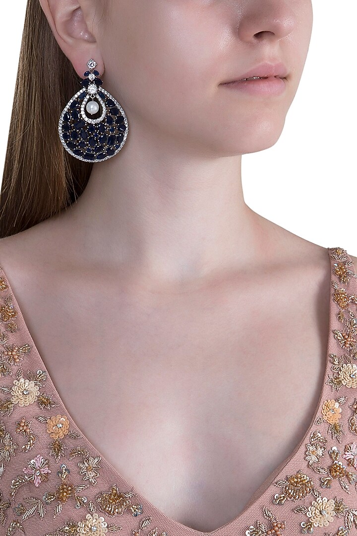 White Finish Cubic Zirconia & Sapphire Earrings by Anaqa at Pernia's Pop Up Shop