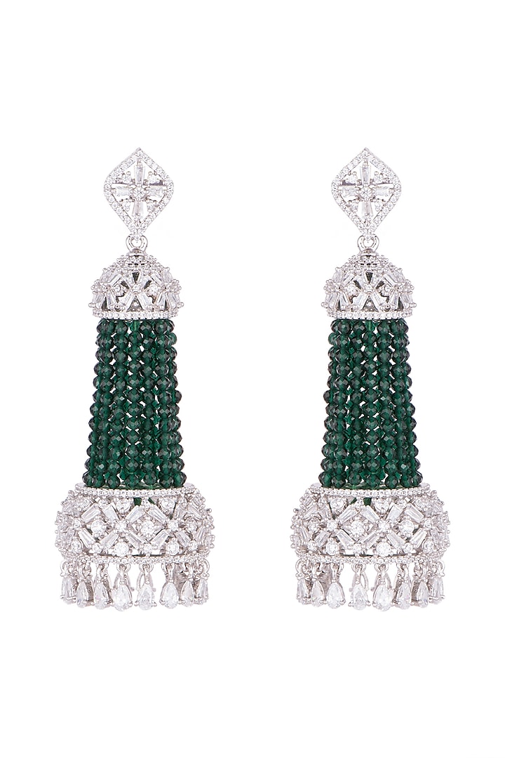 White Finish Semi-Precious Emerald Jhumka Earrings by Anaqa
