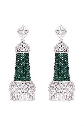 White Finish Semi-Precious Emerald Jhumka Earrings by Anaqa
