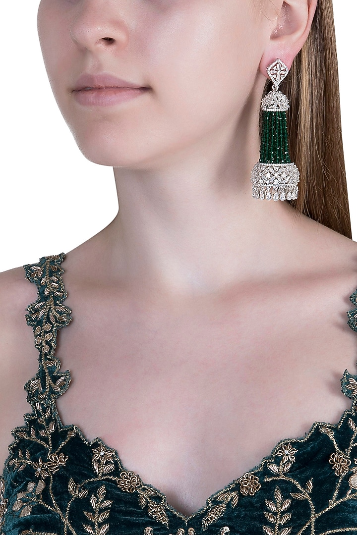 White Finish Semi-Precious Emerald Jhumka Earrings by Anaqa at Pernia's Pop Up Shop