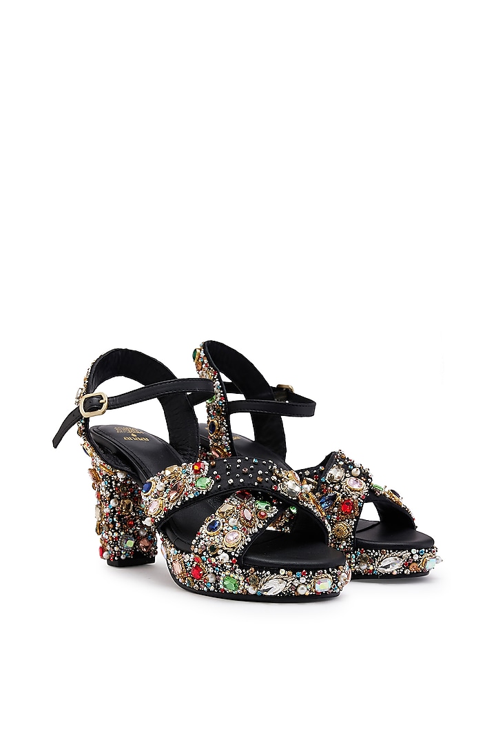 Black Satin Hand Embroidered Platform Heels by Anaar at Pernia's Pop Up Shop