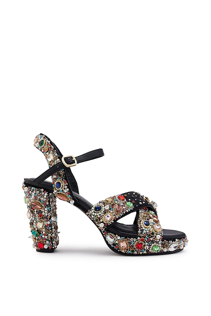 Black Satin Hand Embroidered Platform Heels by Anaar at Pernia's Pop Up Shop