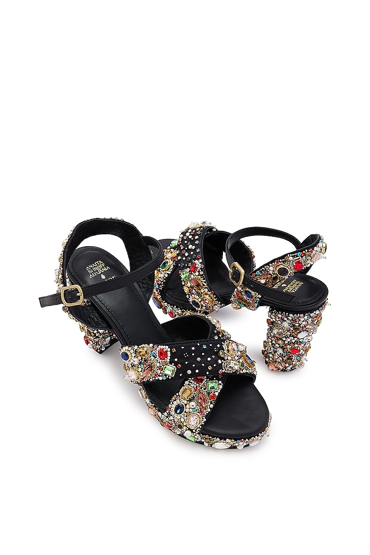 Black Satin Hand Embroidered Platform Heels by Anaar at Pernia's Pop Up Shop