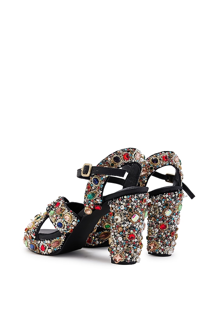 Black Satin Hand Embroidered Platform Heels by Anaar at Pernia's Pop Up Shop