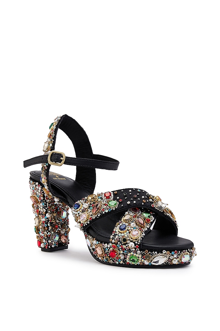 Black Satin Hand Embroidered Platform Heels by Anaar at Pernia's Pop Up Shop