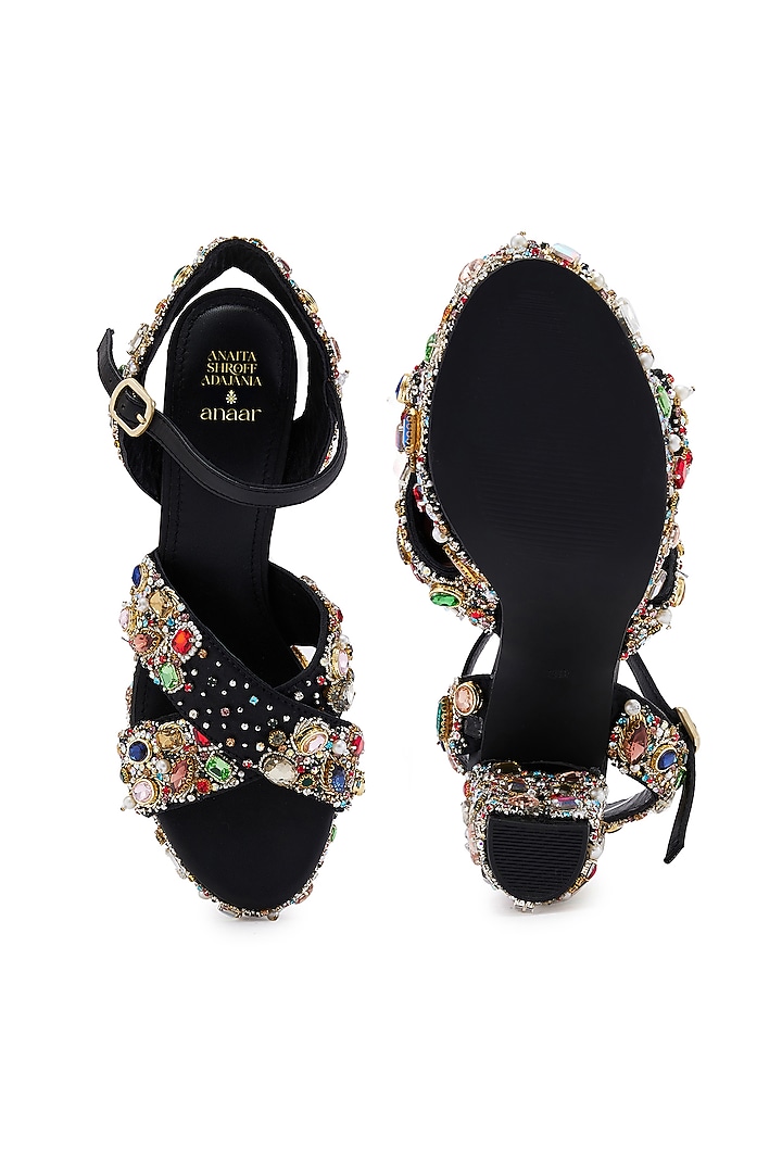 Black Satin Hand Embroidered Platform Heels by Anaar at Pernia's Pop Up Shop