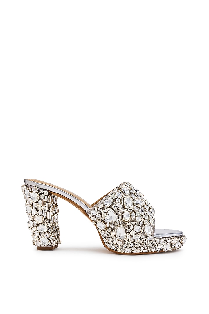 Silver Satin Hand Embroidered Platform Heels by Anaar at Pernia's Pop Up Shop