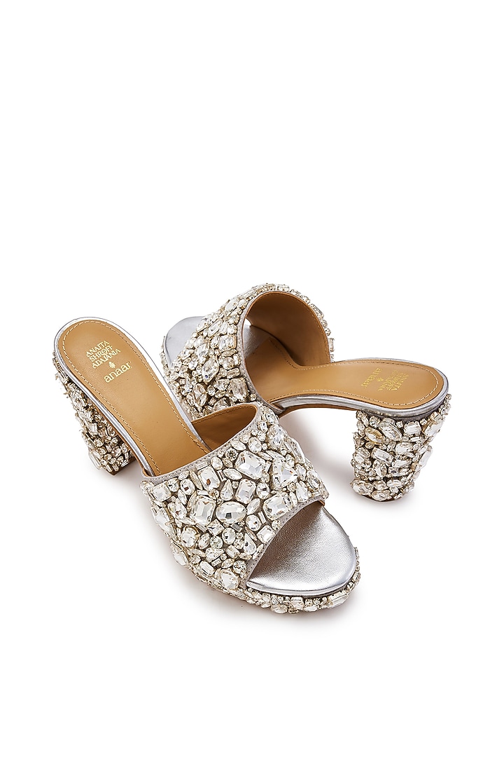 Silver Satin Hand Embroidered Platform Heels by Anaar at Pernia's Pop Up Shop