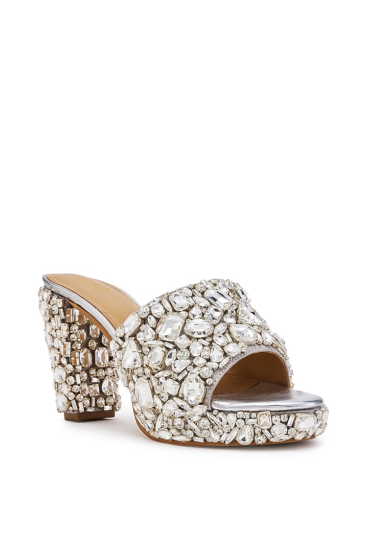 Silver Satin Hand Embroidered Platform Heels by Anaar at Pernia's Pop Up Shop