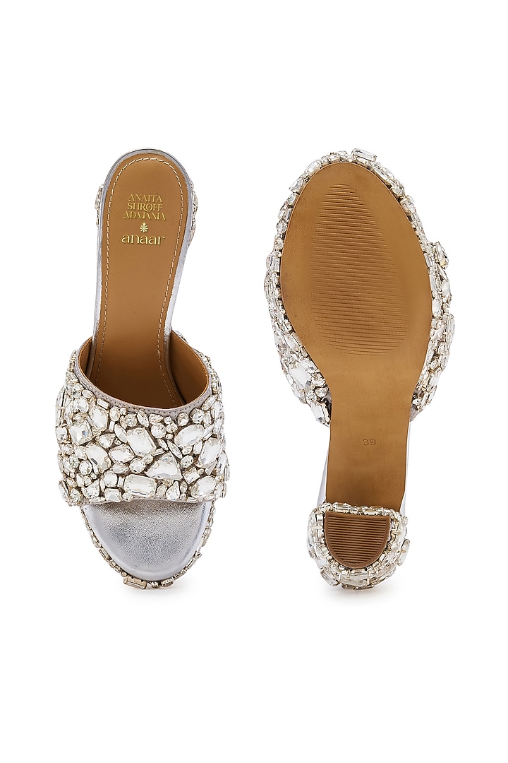 Silver Satin Hand Embroidered Platform Heels by Anaar at Pernia's Pop Up Shop