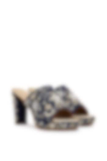 Navy Blue Satin Cutdana Hand Embroidered Platform Heels by Anaar at Pernia's Pop Up Shop