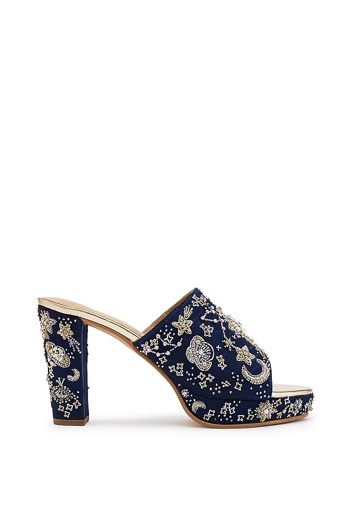 Navy Blue Satin Cutdana Hand Embroidered Platform Heels by Anaar at Pernia's Pop Up Shop